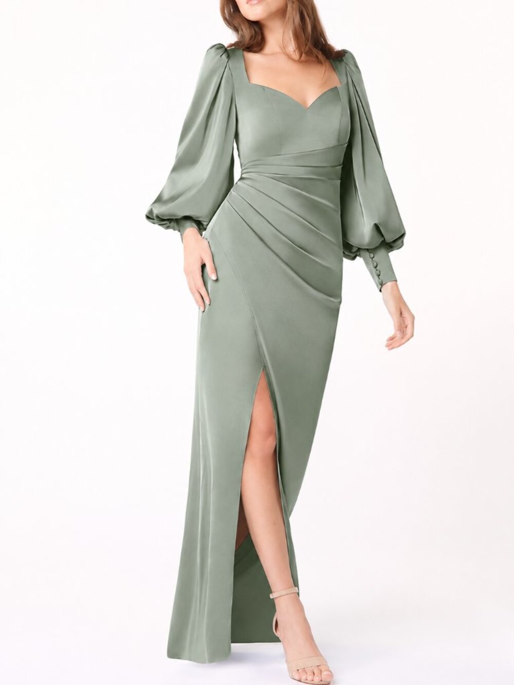 Azazie Safiyah Women's Size 4 Satin Dress Long Sleeves Front Slit Dusty Blue